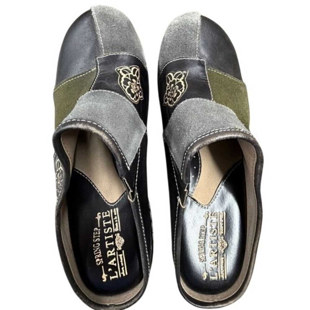 Spring Step L'Artiste Womens Black Grey Olive Leather Suede Floral Clogs Mules